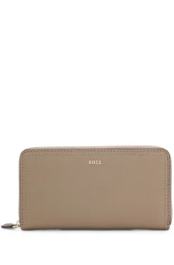 Ziparound wallet in grained leather with metallic logo lettering