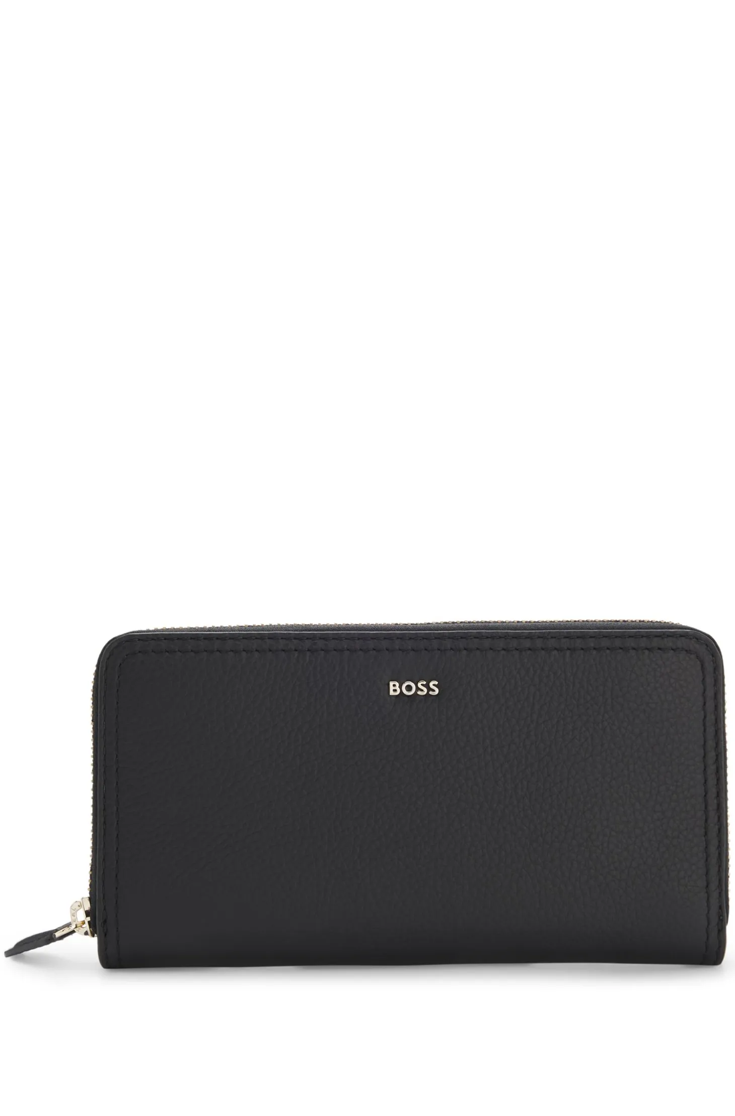 Ziparound wallet in grained leather with metallic logo lettering