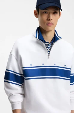 Zip-neck cotton sweatshirt with printed stripes