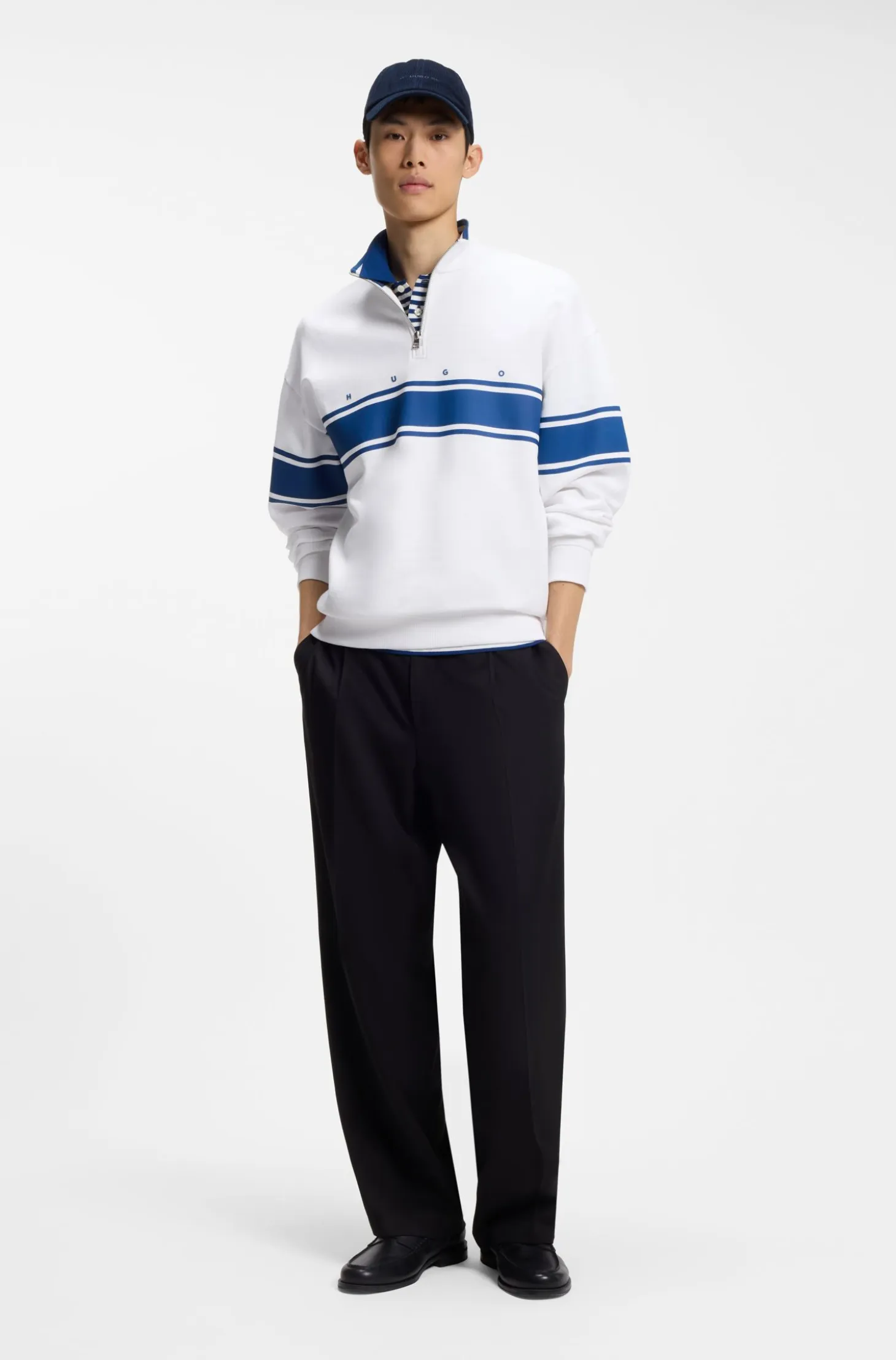 Zip-neck cotton sweatshirt with printed stripes