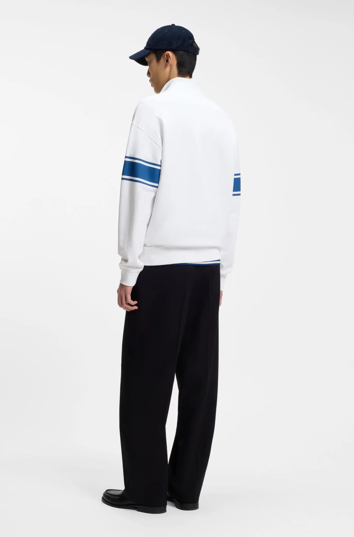 Zip-neck cotton sweatshirt with printed stripes