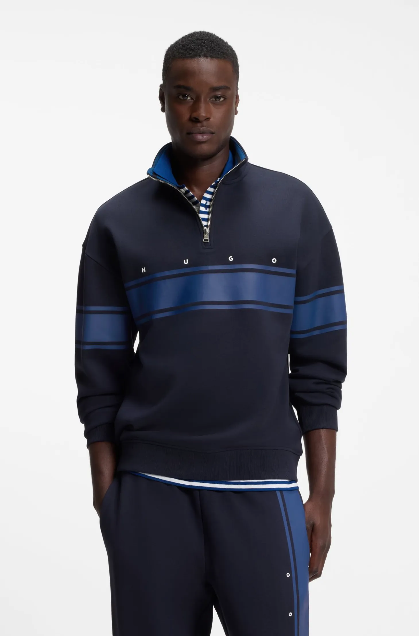 Zip-neck cotton sweatshirt with printed stripes