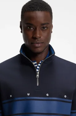 Zip-neck cotton sweatshirt with printed stripes