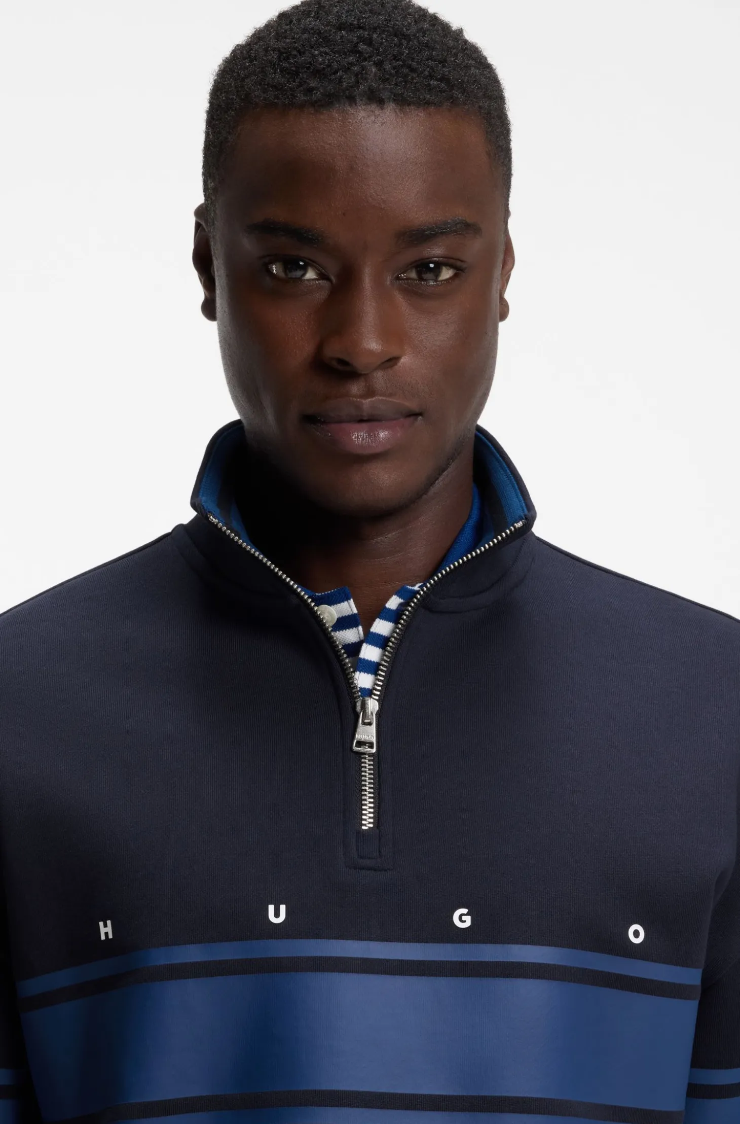 Zip-neck cotton sweatshirt with printed stripes