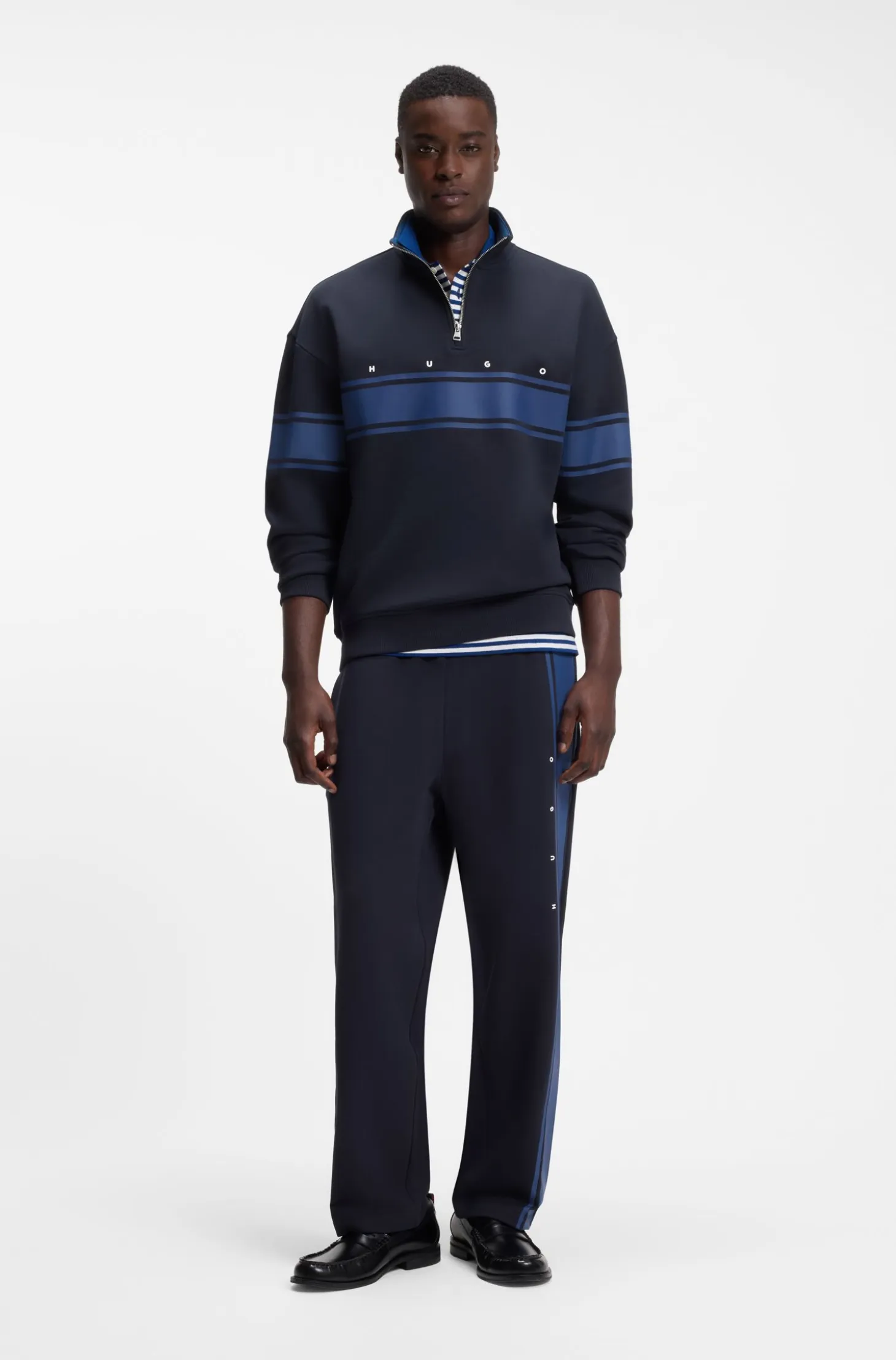 Zip-neck cotton sweatshirt with printed stripes