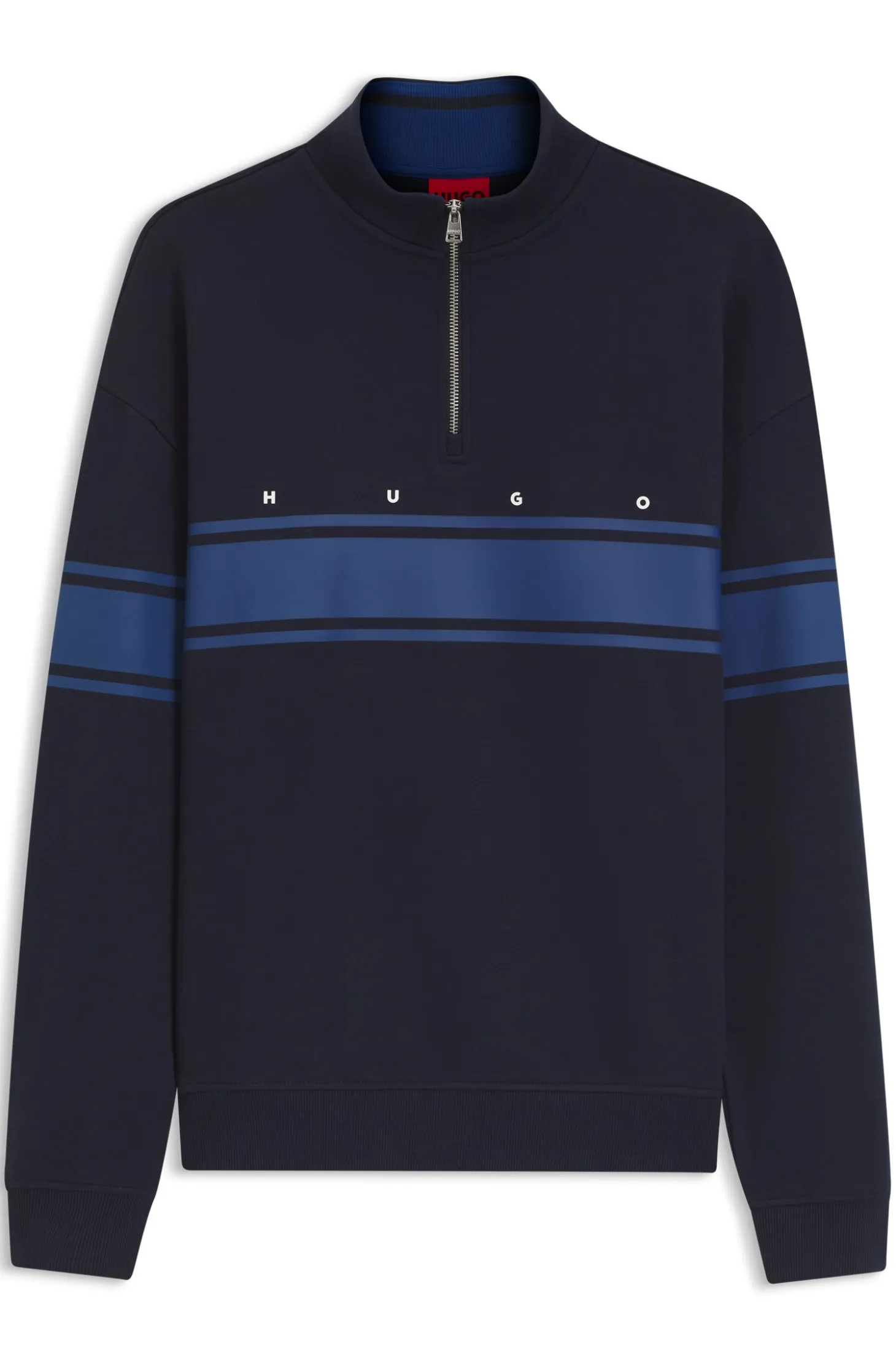 Zip-neck cotton sweatshirt with printed stripes