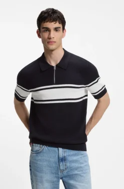 Zip-neck knit polo with block stripes