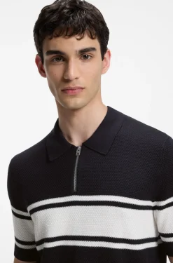 Zip-neck knit polo with block stripes