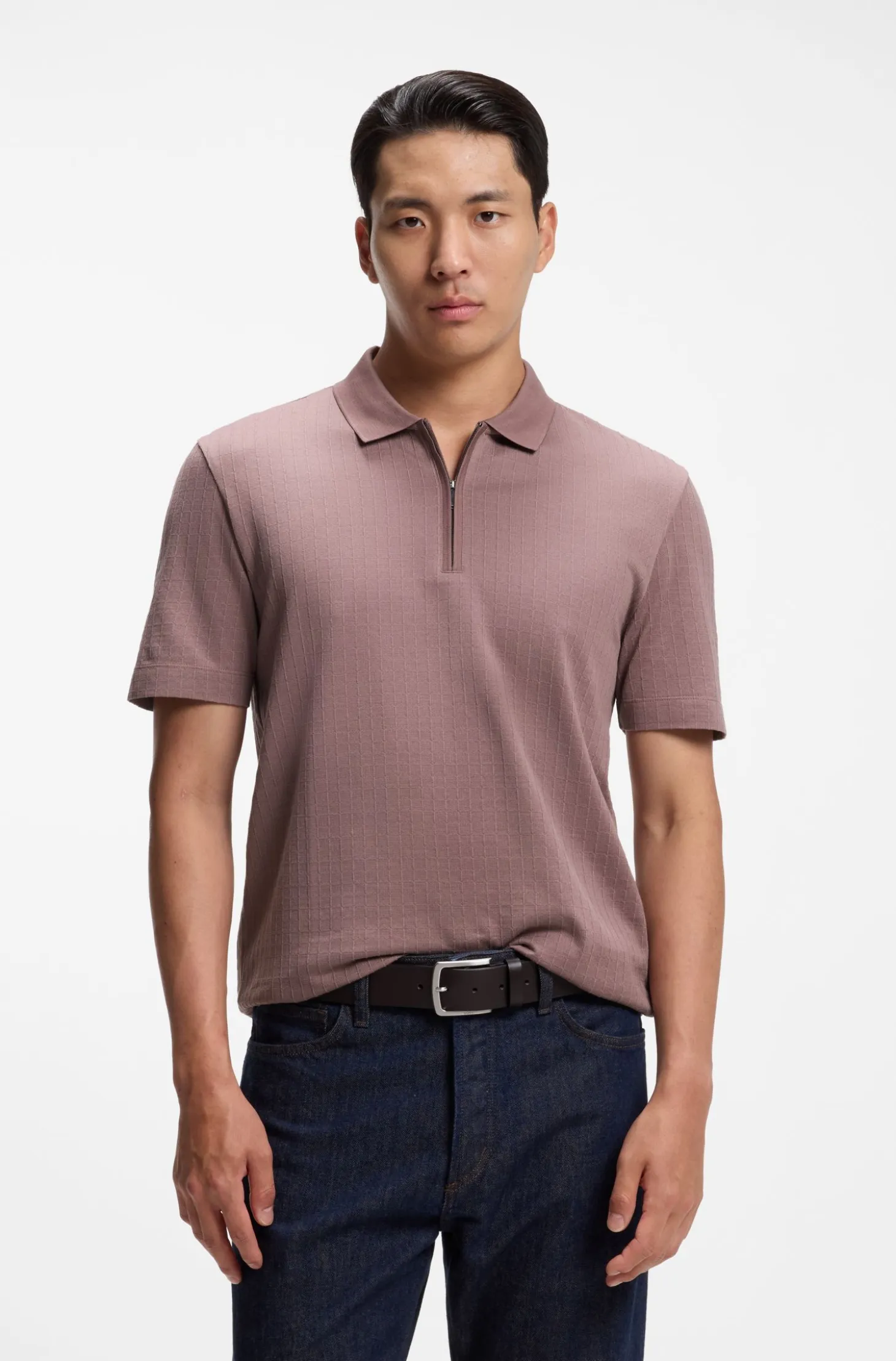 Zip-neck polo shirt in a cotton-silk blend