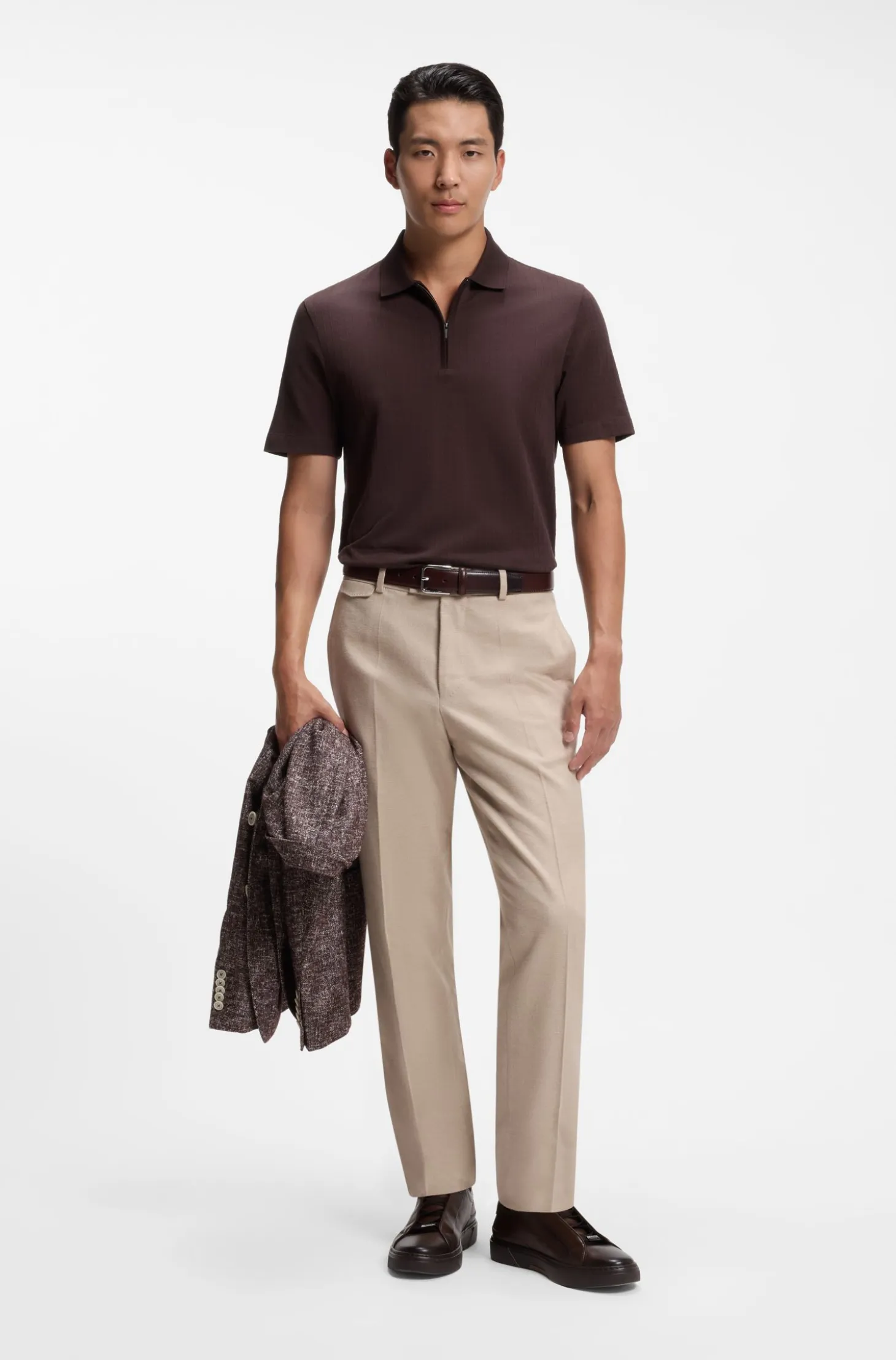 Zip-neck polo shirt in a cotton-silk blend