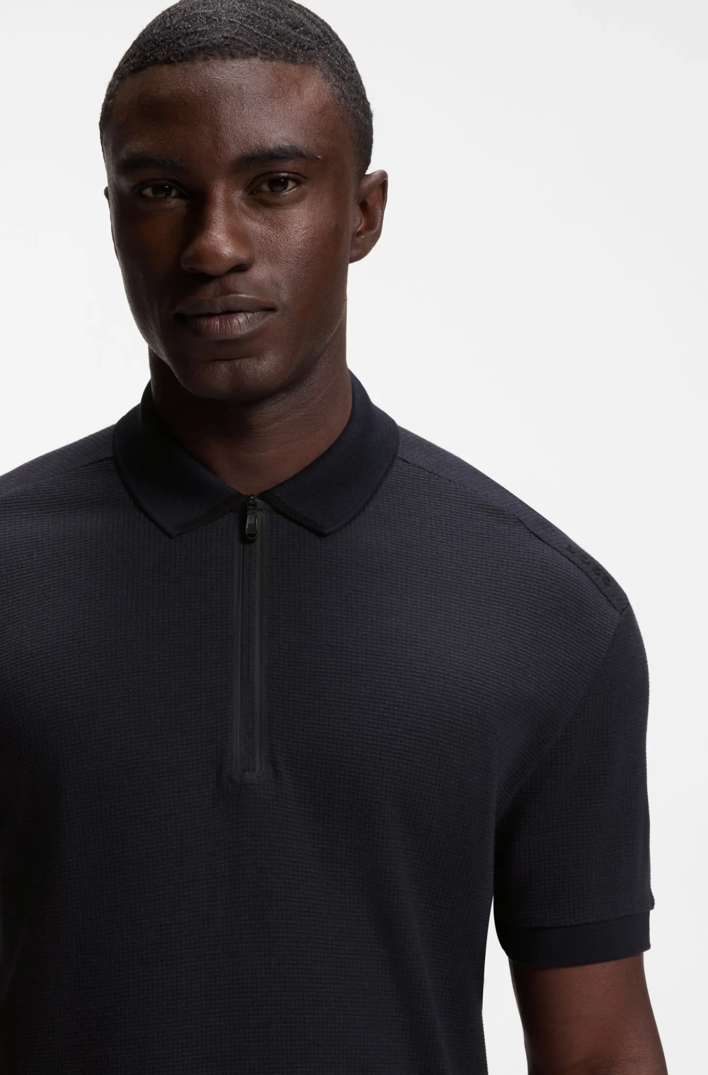 Zip-neck polo shirt in waffle jacquard