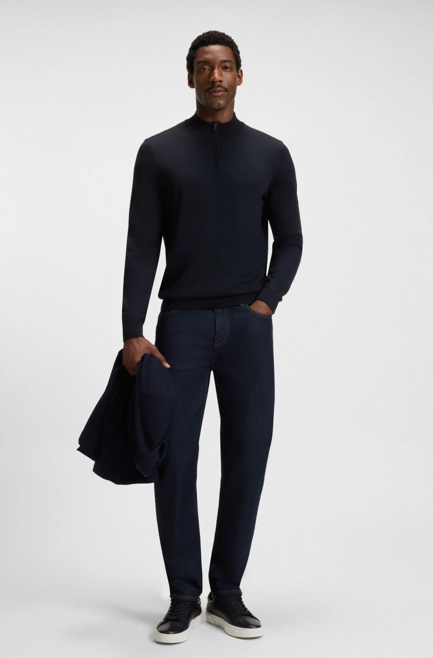 Zip-neck sweater in virgin wool