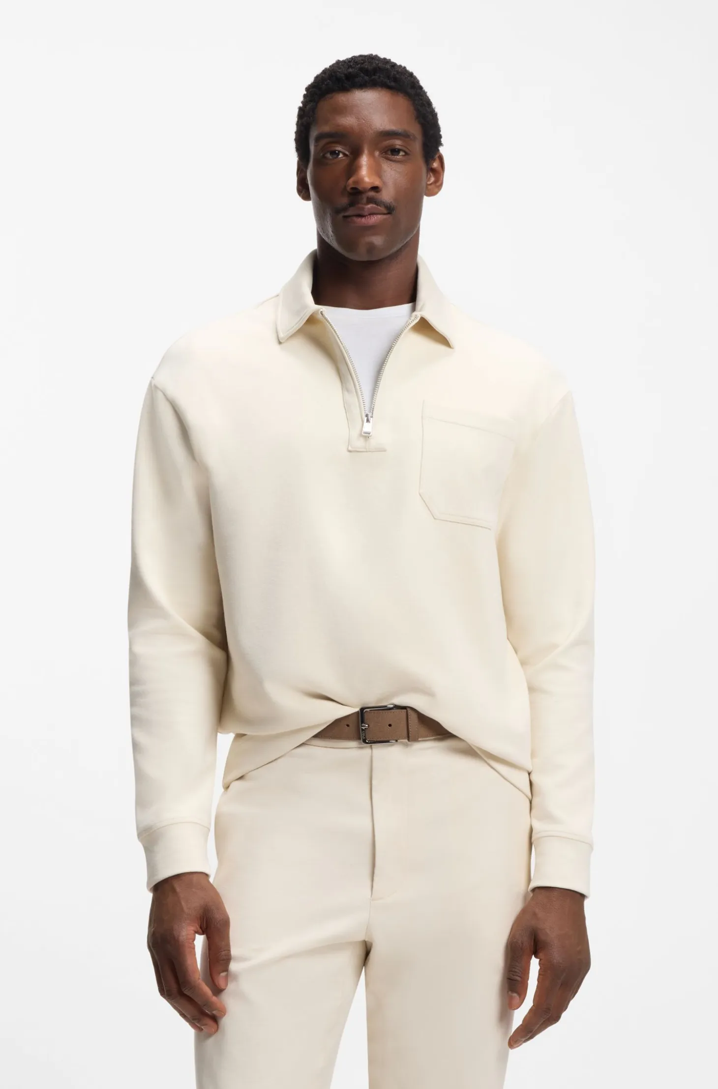 Zip-neck sweatshirt in a peached cotton blend