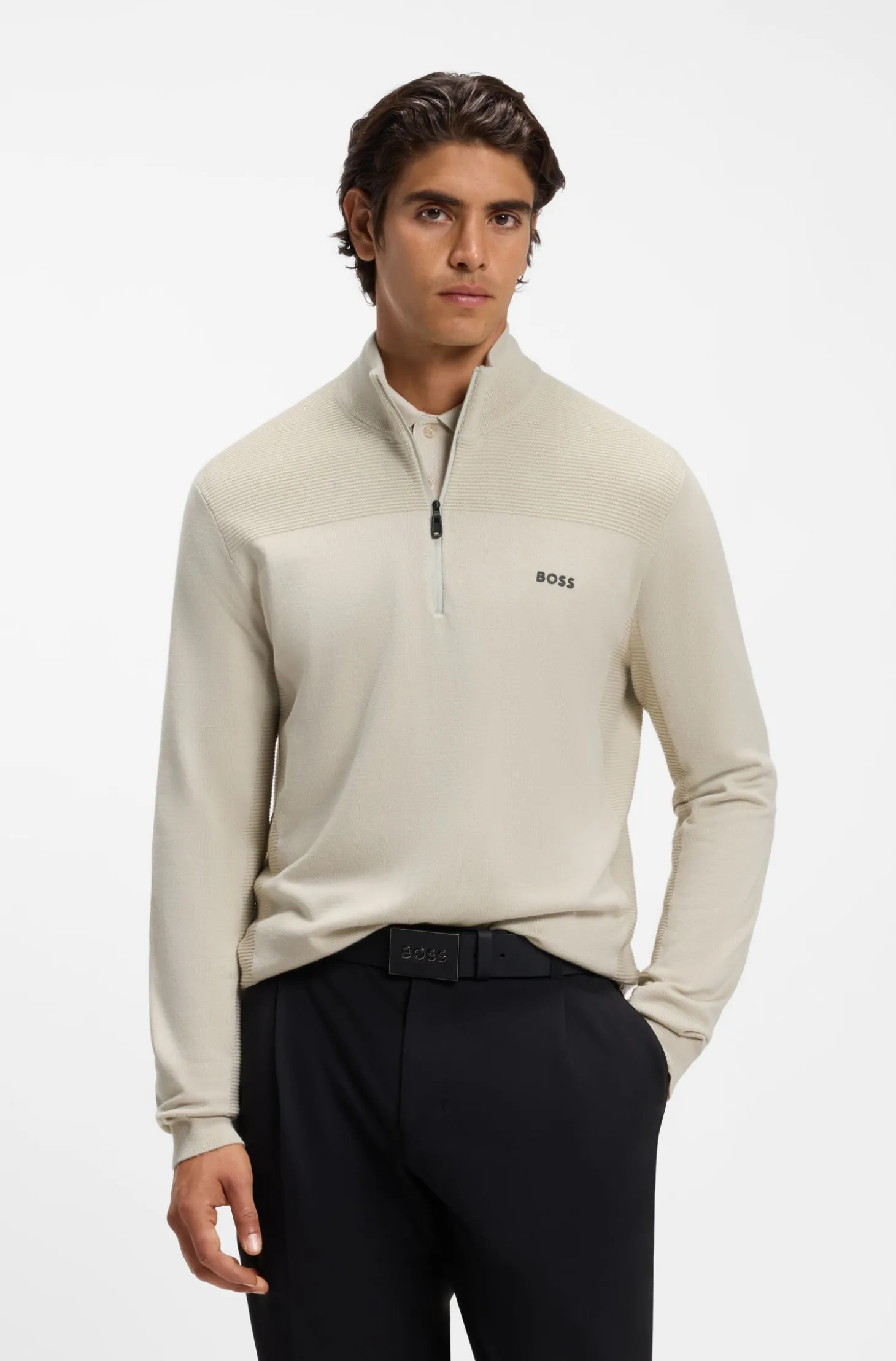 Zip-neck virgin wool-blend sweater with logo