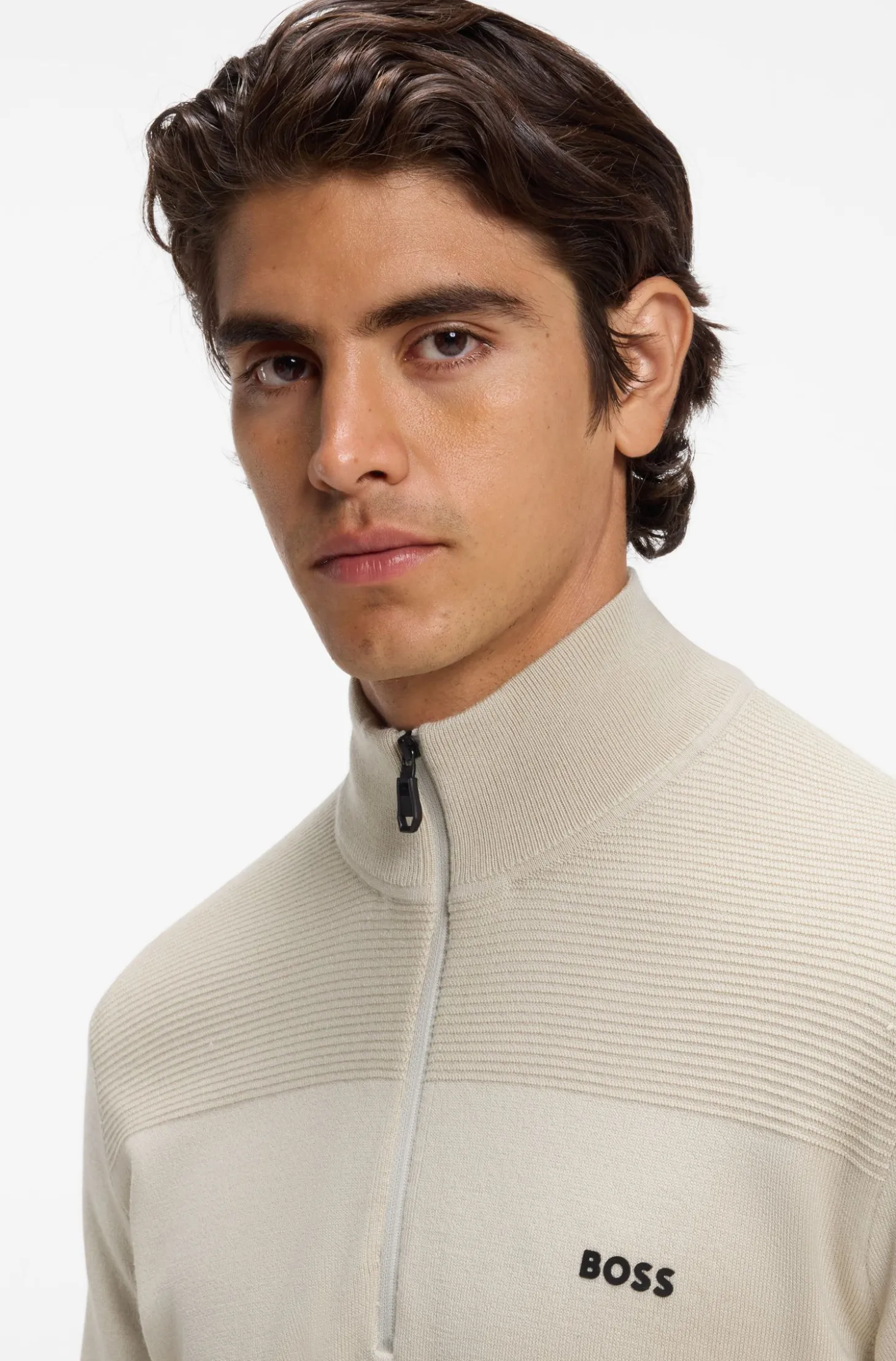 Zip-neck virgin wool-blend sweater with logo