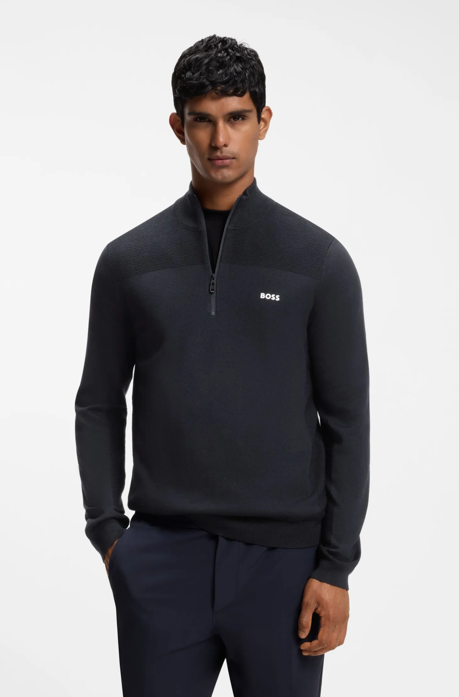 Zip-neck virgin wool-blend sweater with logo