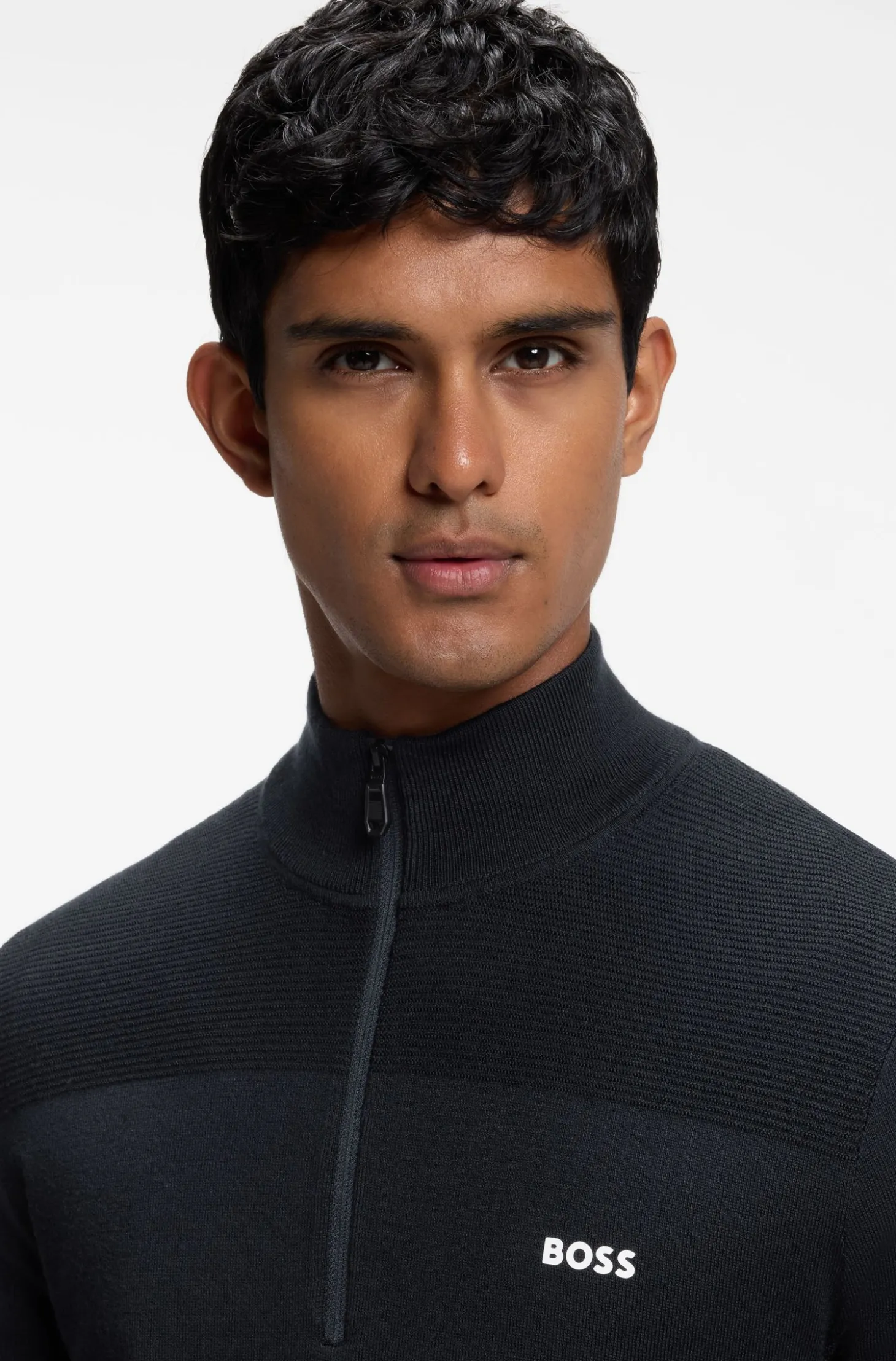Zip-neck virgin wool-blend sweater with logo