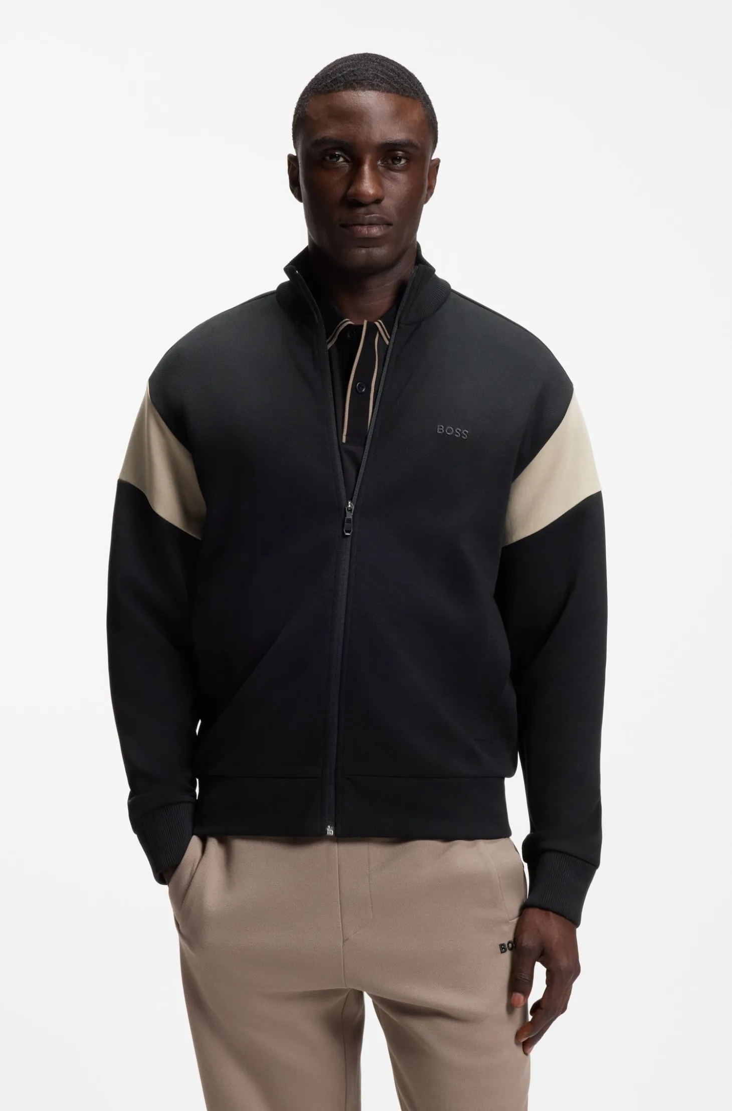 Zip-up cotton-blend sweatshirt with contrast inserts