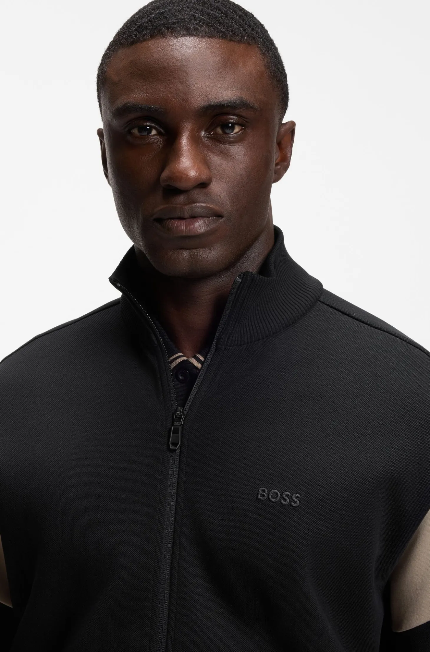 Zip-up cotton-blend sweatshirt with contrast inserts