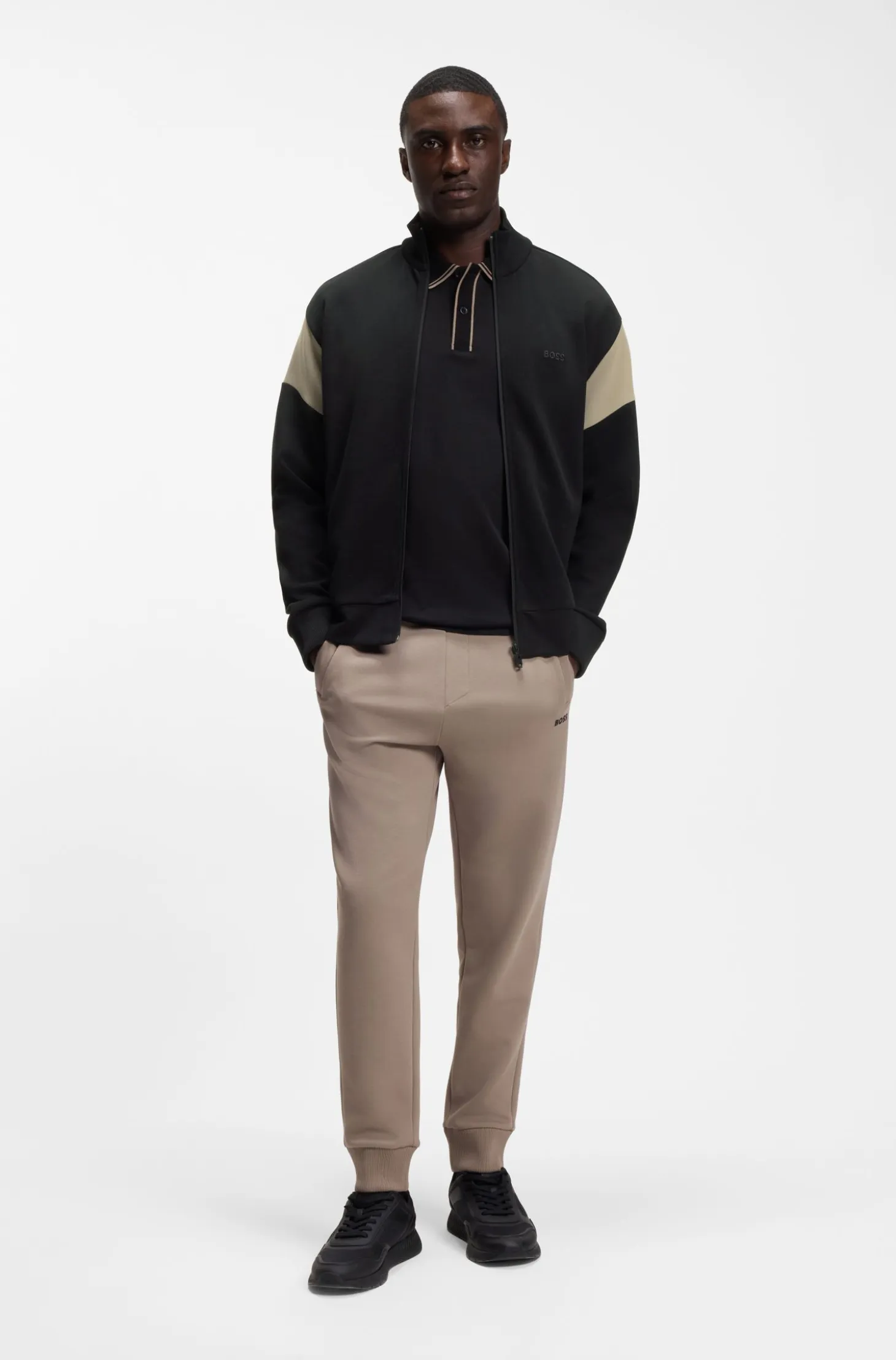 Zip-up cotton-blend sweatshirt with contrast inserts