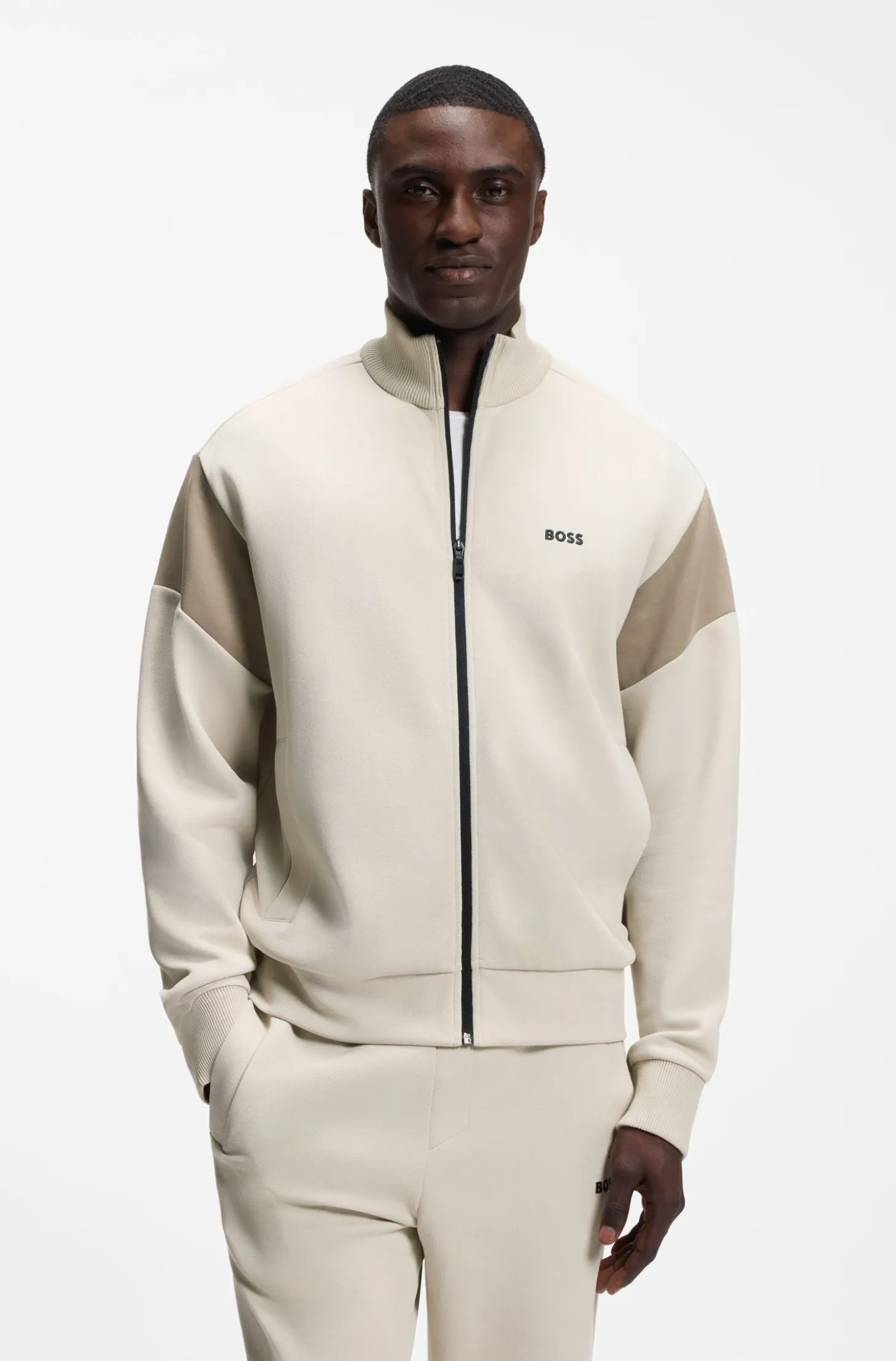 Zip-up cotton-blend sweatshirt with contrast inserts