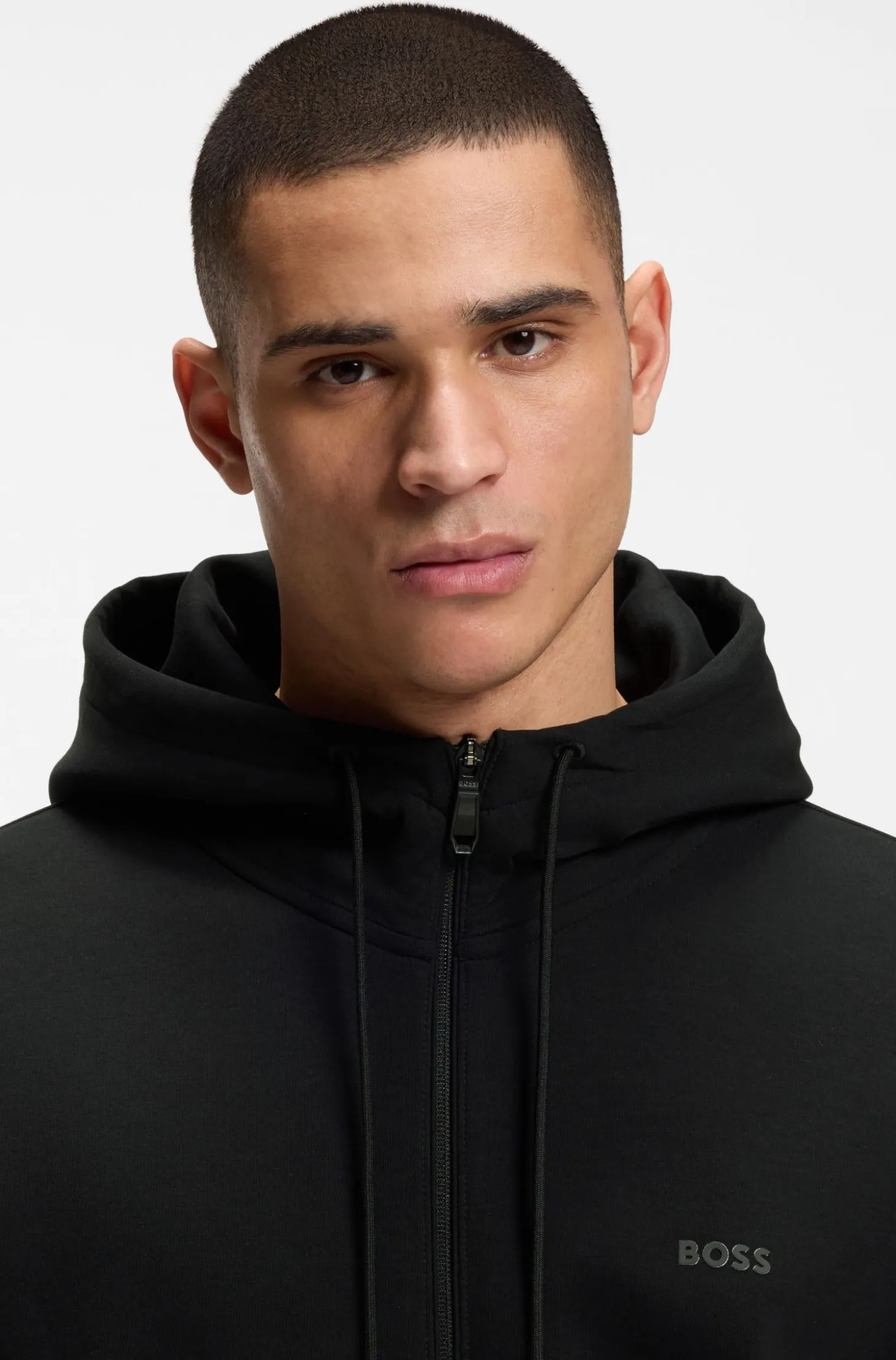 Zip-up hoodie in stretch cotton with logo print