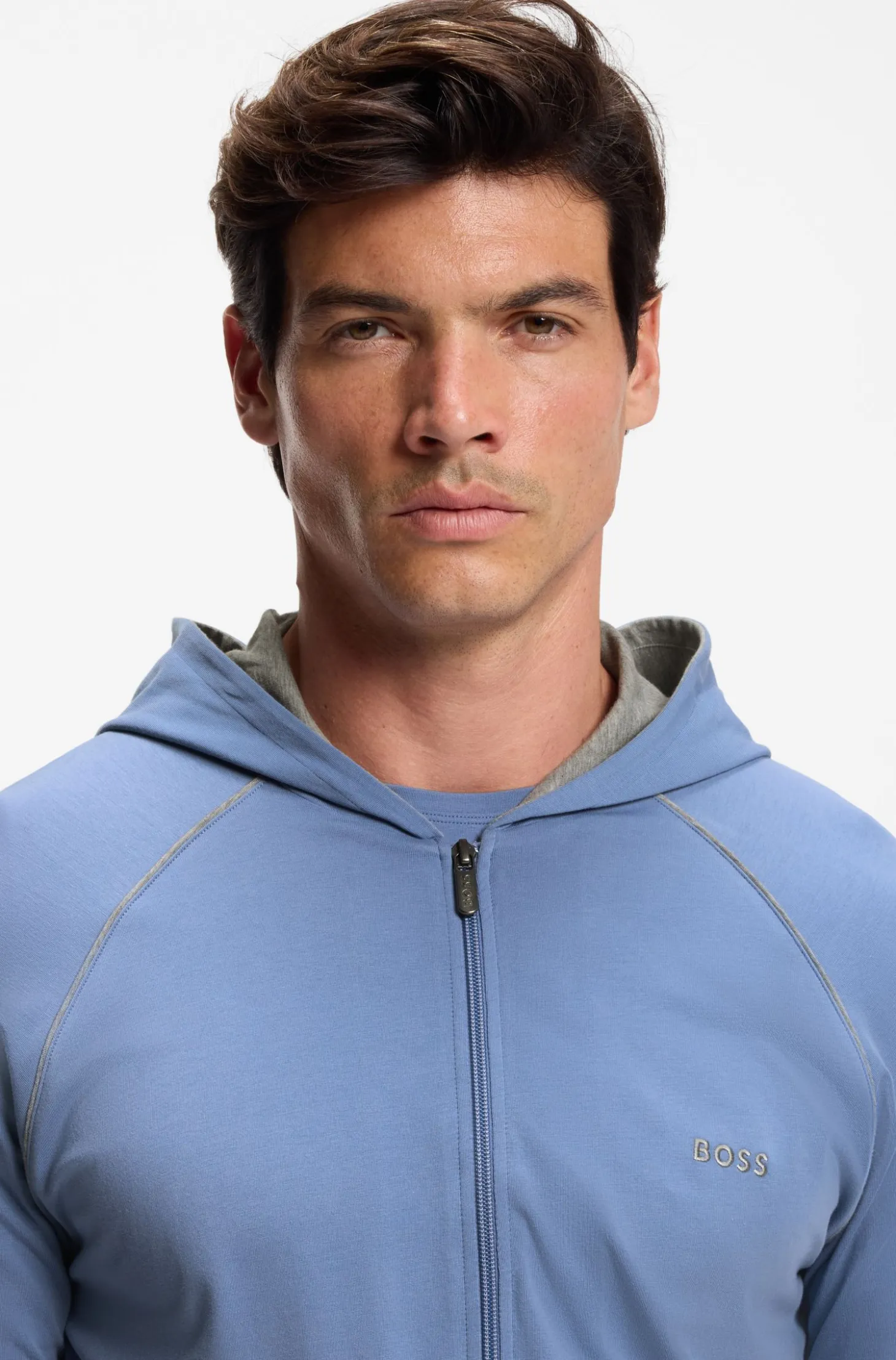 Zip-up hoodie in stretch cotton with embroidered logo