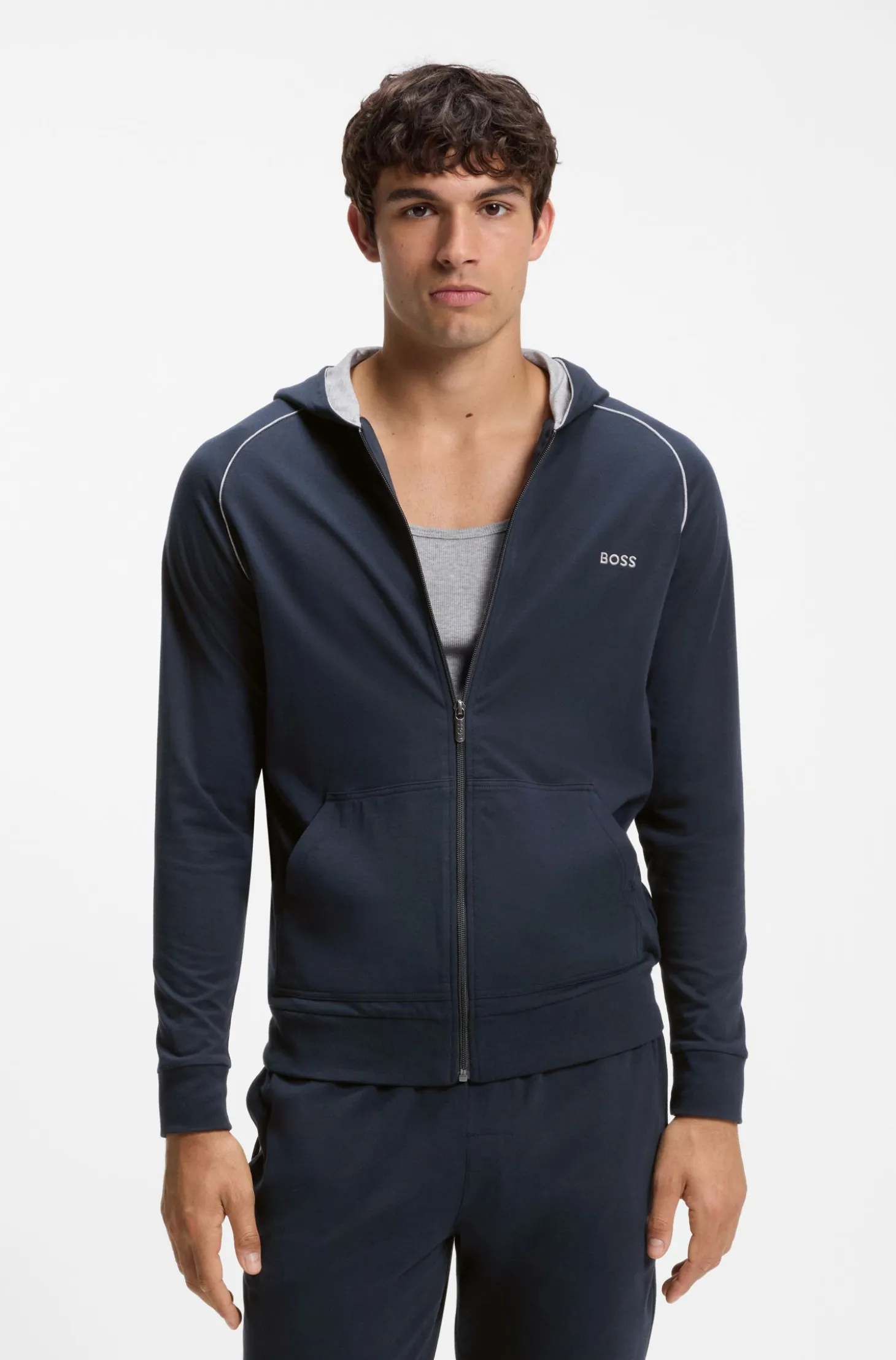 Zip-up hoodie in stretch cotton with contrast piping