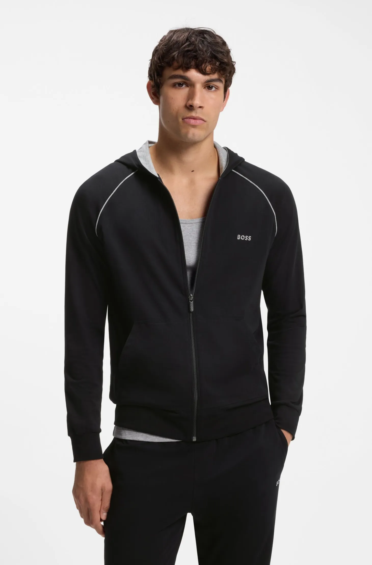 Zip-up hoodie in stretch cotton with contrast piping