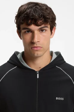 Zip-up hoodie in stretch cotton with contrast piping