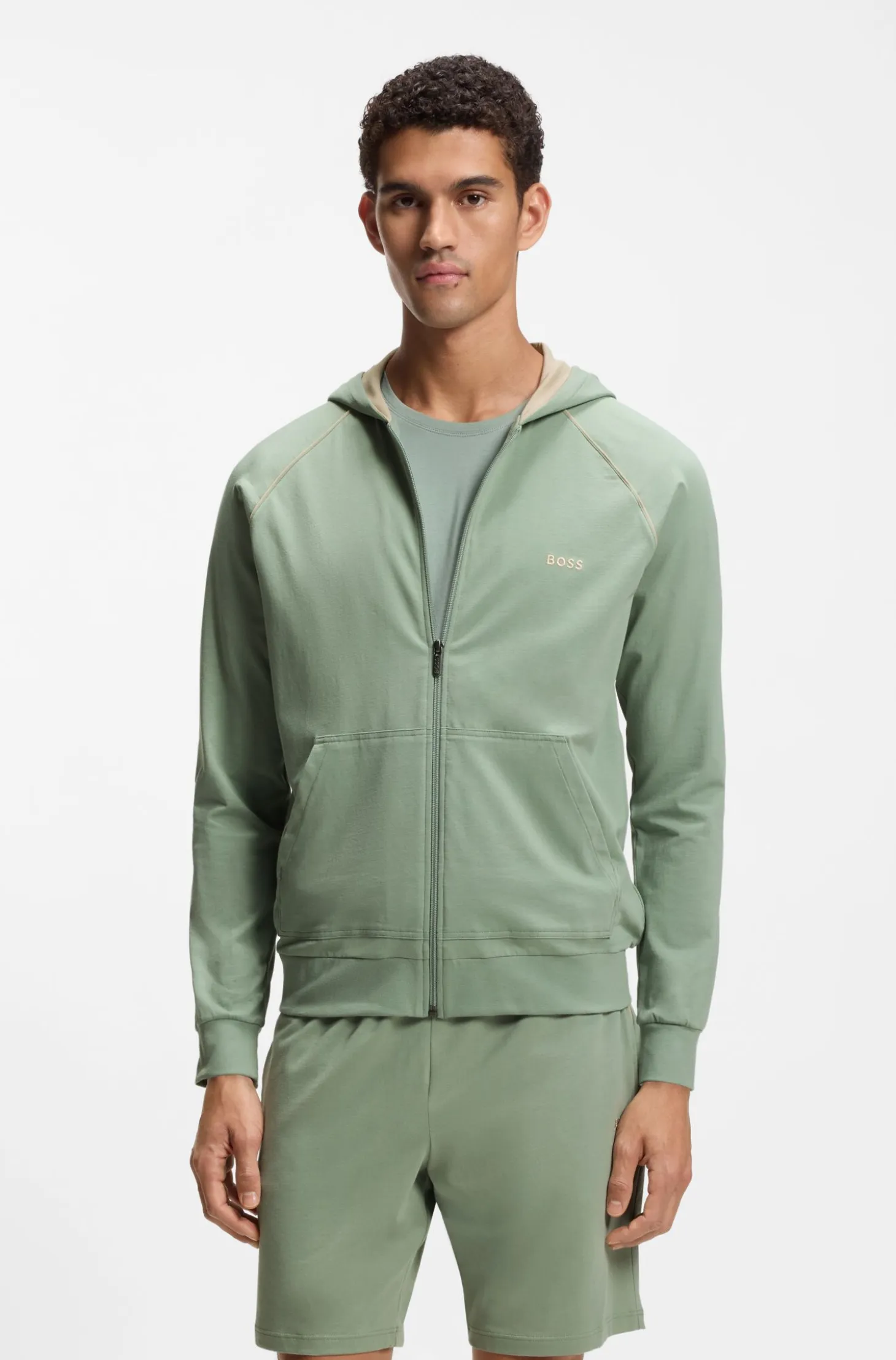 Zip-up hoodie in stretch cotton with embroidered logo