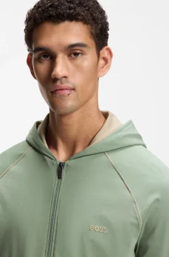 Zip-up hoodie in stretch cotton with embroidered logo