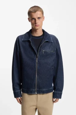 Zip-up jacket in blue denim with chest pocket