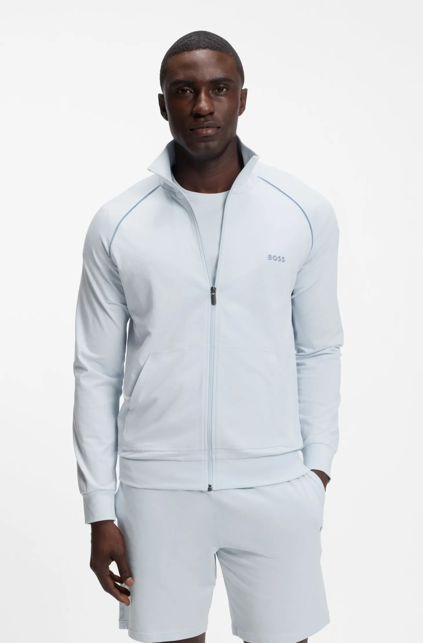 ZIp-up jacket in stretch cotton with contrast piping
