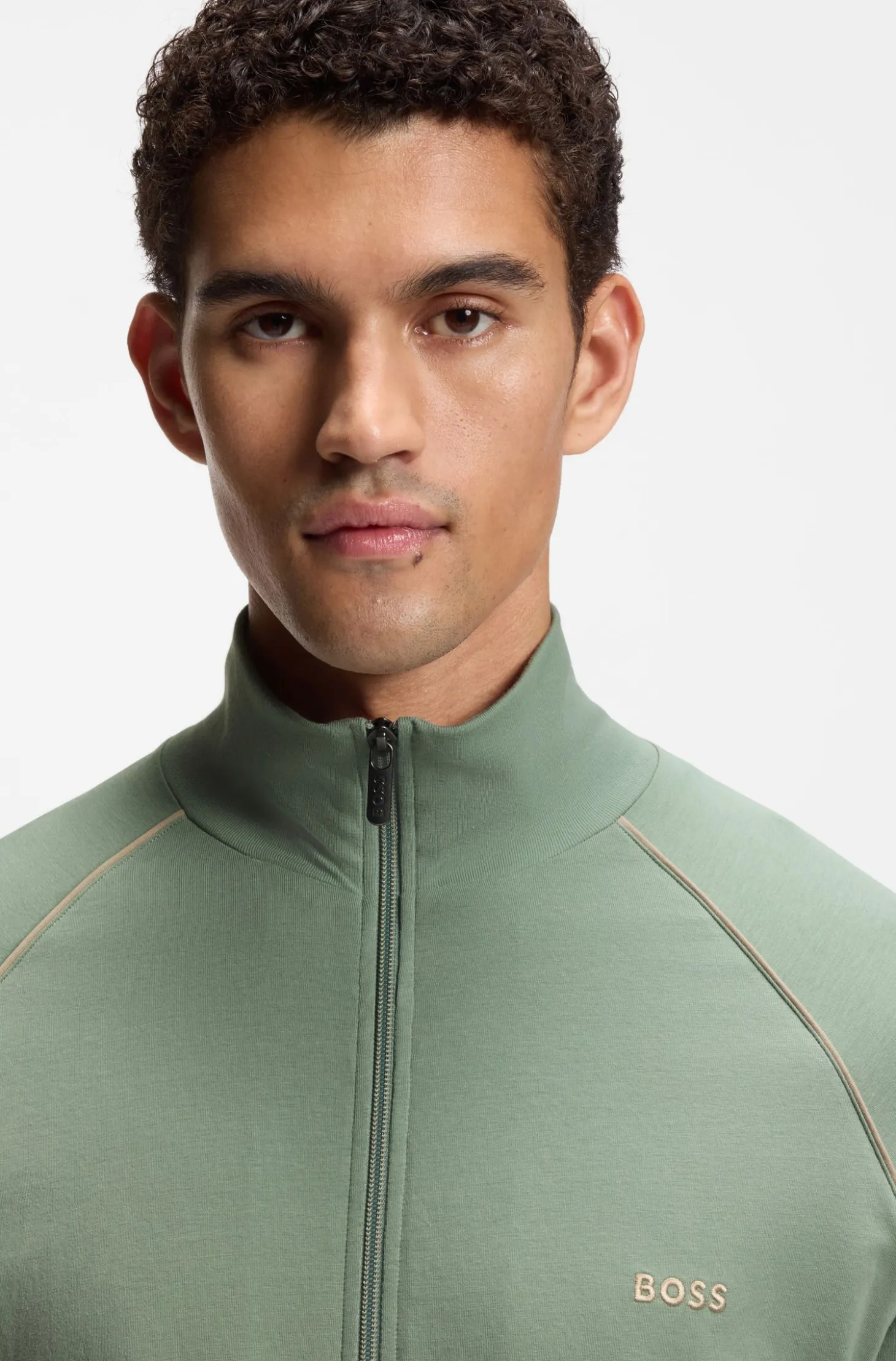 ZIp-up jacket in stretch cotton with contrast piping