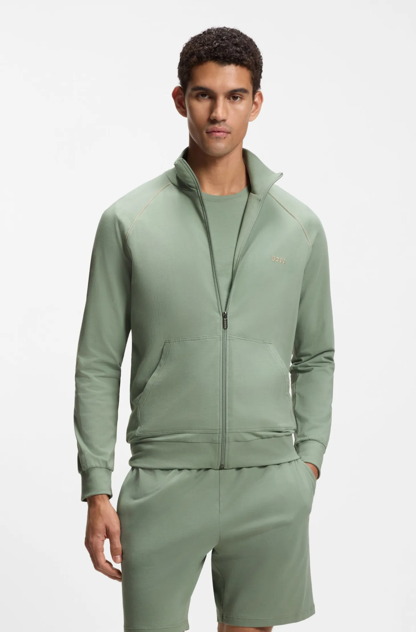 ZIp-up jacket in stretch cotton with contrast piping